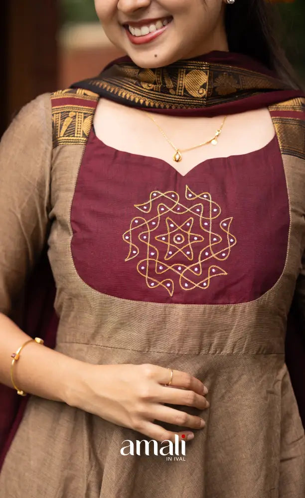 Beige and Dark Maroon Chettinad Cotton Anarkali Anarkalis
