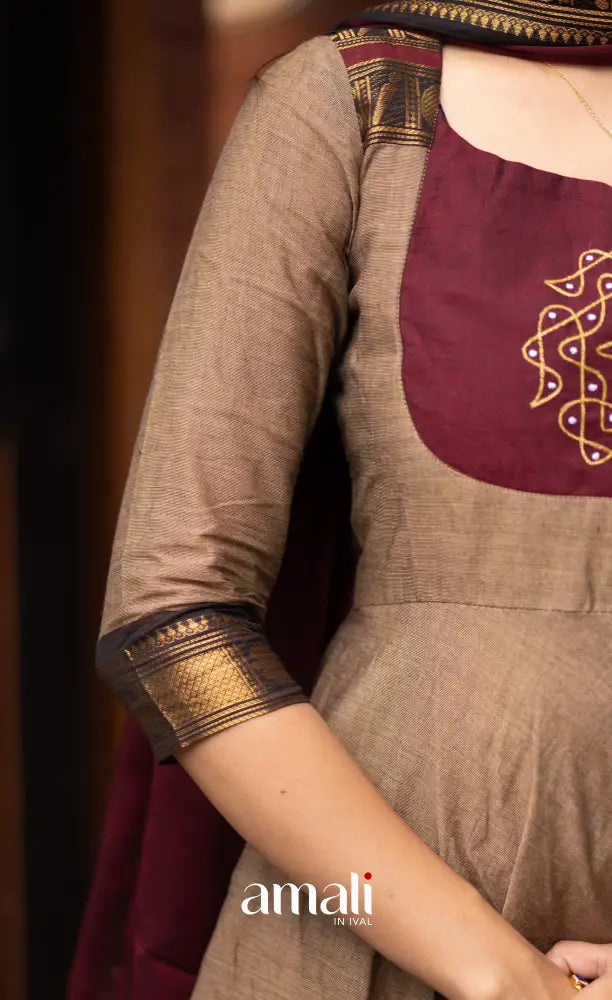 Beige and Dark Maroon Chettinad Cotton Anarkali Anarkalis