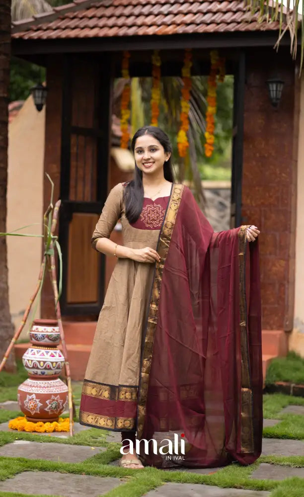 Beige and Dark Maroon Chettinad Cotton Anarkali Anarkalis