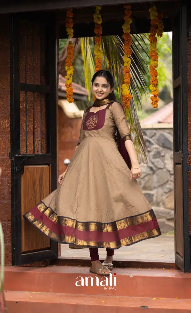 Beige and Dark Maroon Chettinad Cotton Anarkali Anarkalis