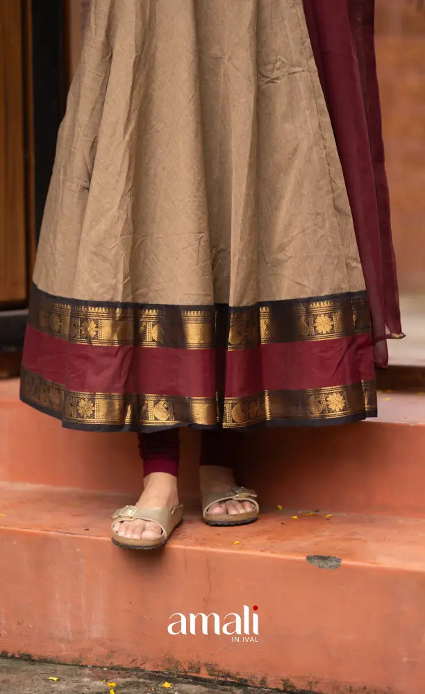 Beige and Dark Maroon Chettinad Cotton Anarkali Anarkalis