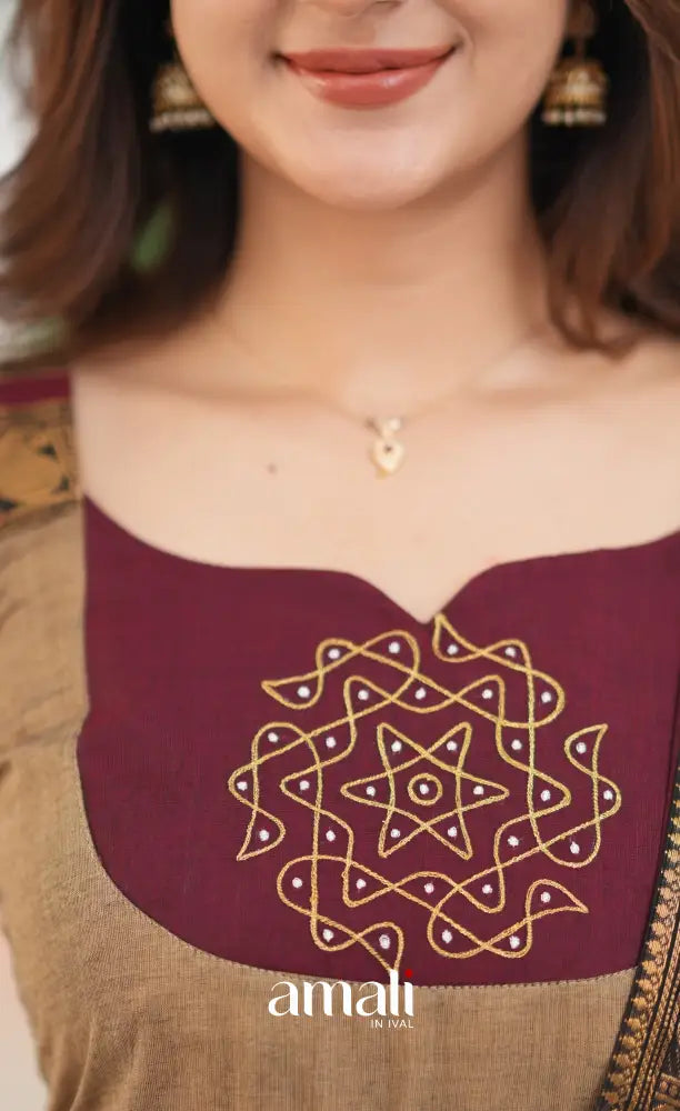 Beige and Dark Maroon Cotton Anarkali Anarkalis
