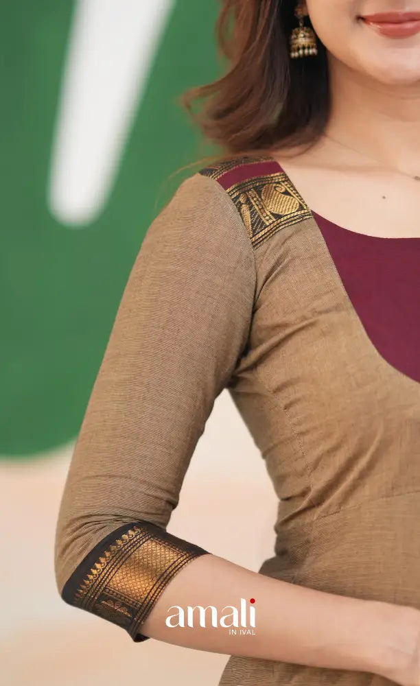 Beige and Dark Maroon Cotton Anarkali Anarkalis