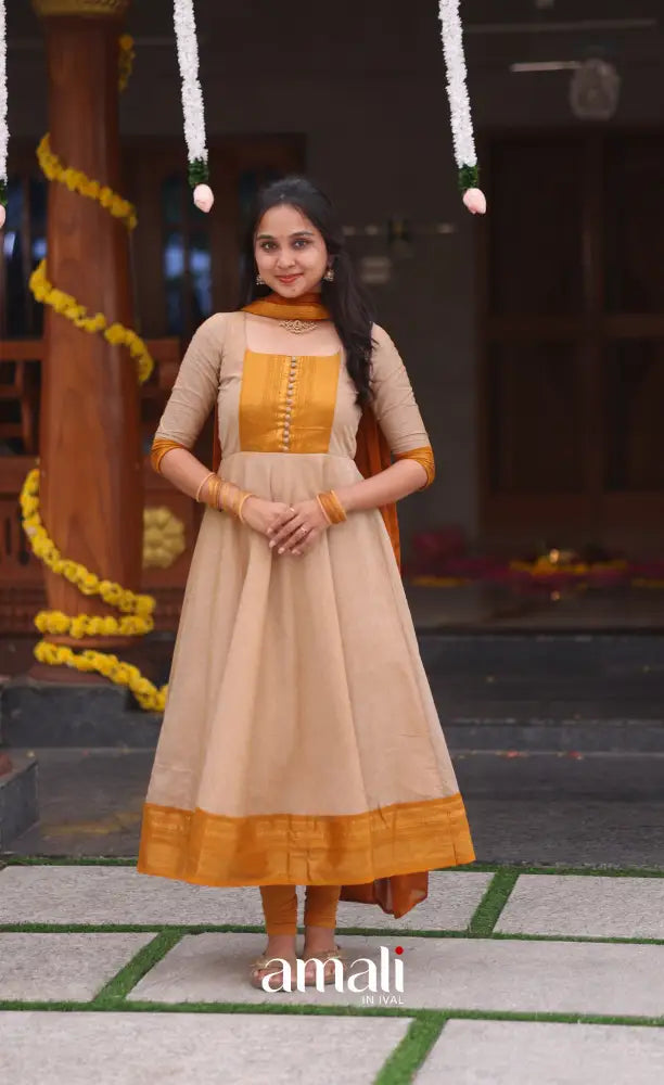 Beige and Mustard yellow Chettinad Cotton Anarkali - Anarkalis