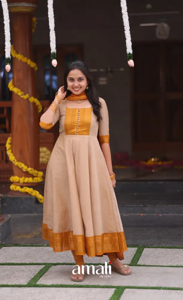 Beige and Mustard yellow Chettinad Cotton Anarkali - Anarkalis
