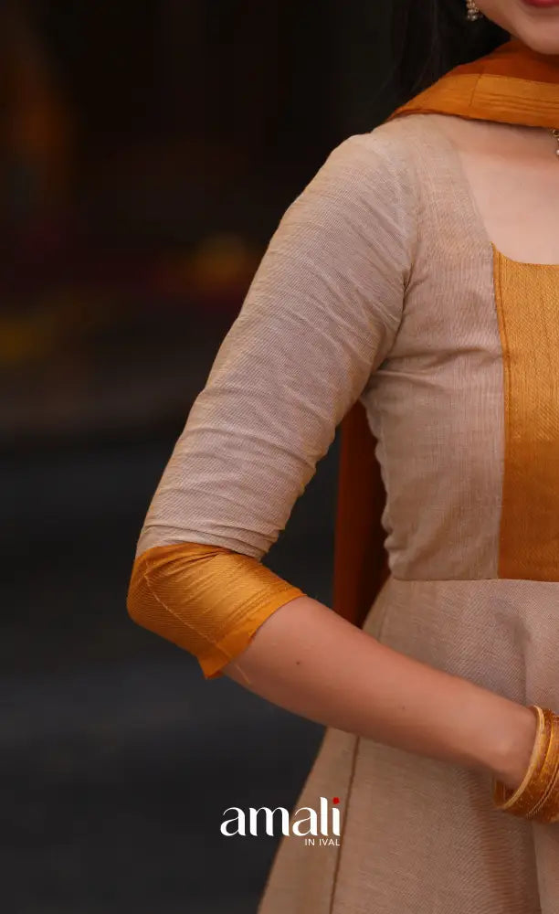 Beige and Mustard yellow Chettinad Cotton Anarkali - Anarkalis