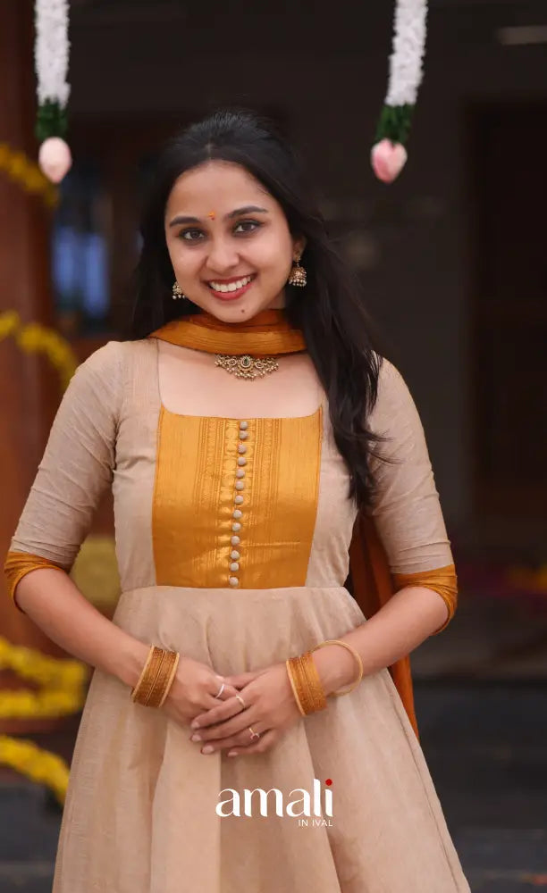 Beige and Mustard yellow Chettinad Cotton Anarkali - Anarkalis