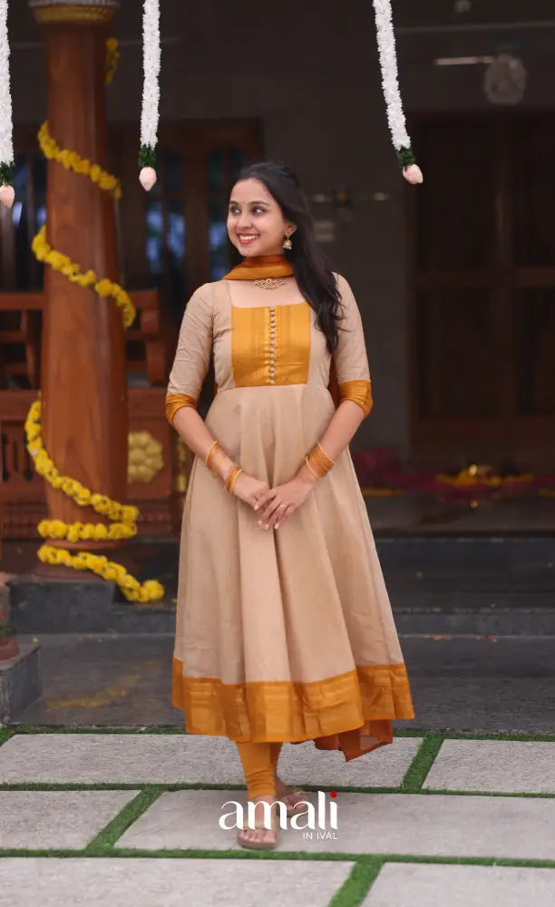 Beige and Mustard yellow Chettinad Cotton Anarkali - Anarkalis