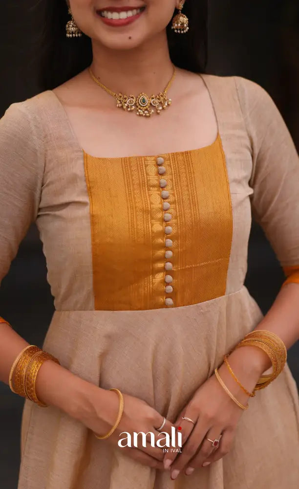 Beige and Mustard yellow Chettinad Cotton Anarkali - Anarkalis