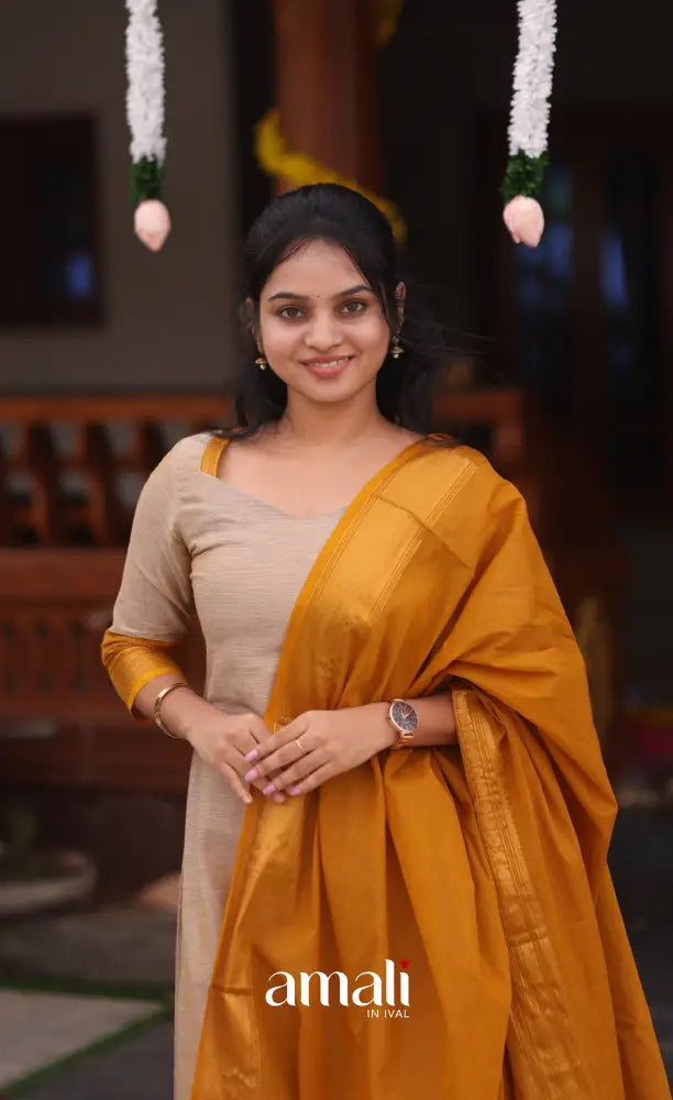 Beige and Mustard yellow Chettinad Cotton Salwar Set - salwar