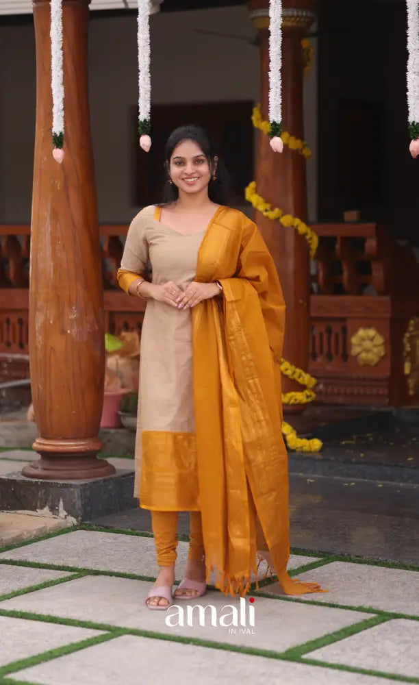 Beige and Mustard yellow Chettinad Cotton Salwar Set - salwar