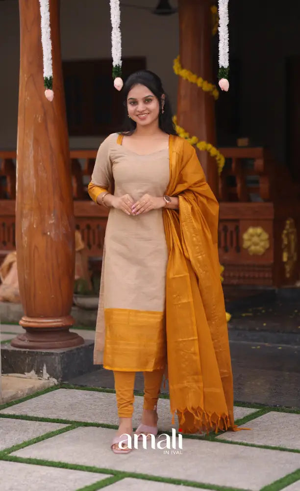 Beige and Mustard yellow Chettinad Cotton Salwar Set - salwar