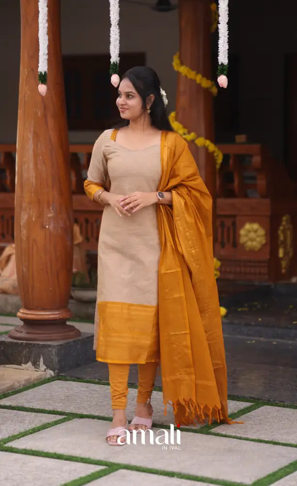 Beige and Mustard yellow Chettinad Cotton Salwar Set - salwar