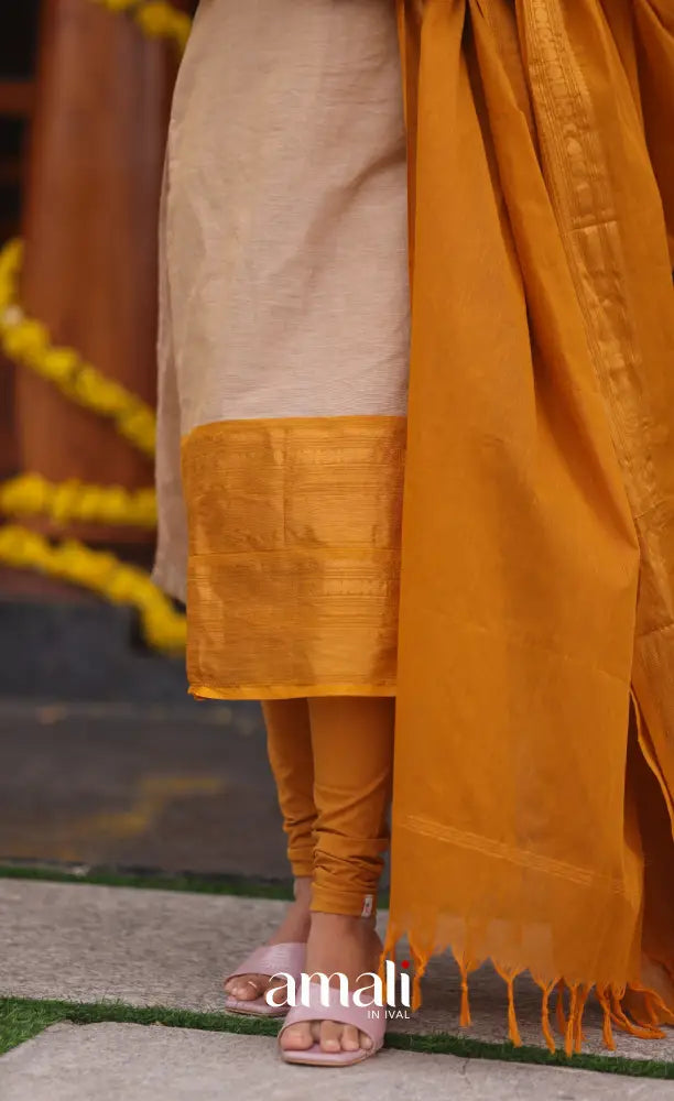 Beige and Mustard yellow Chettinad Cotton Salwar Set - salwar