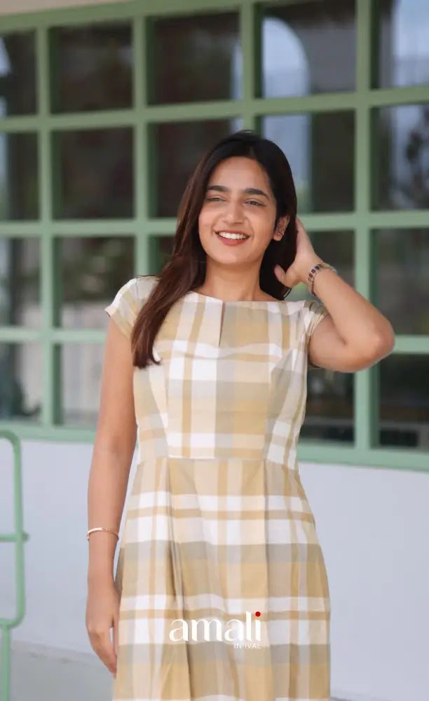 Beige Checks Indo Western Dress - salwar