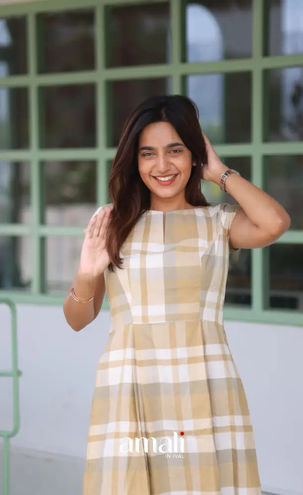 Beige Checks Indo Western Dress - salwar