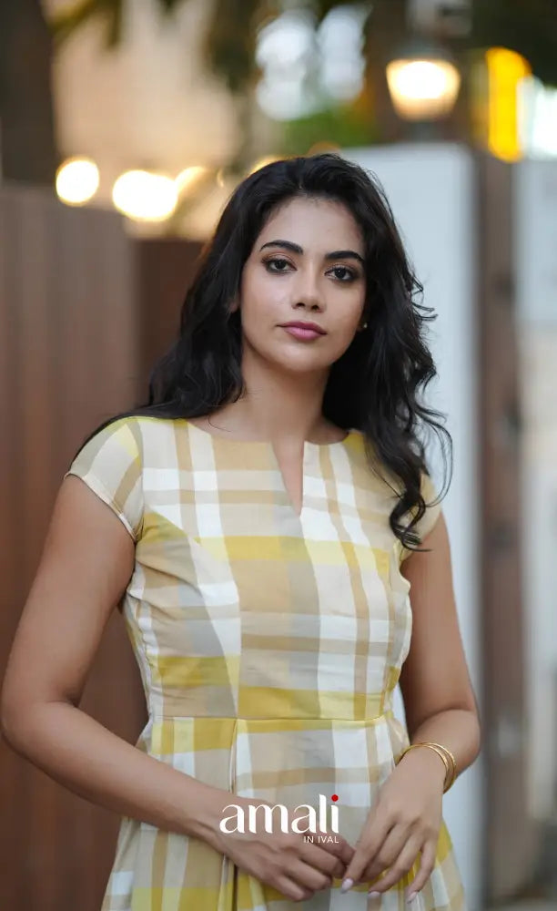 Beige & Yellow Checks Indo Western Dress - salwar