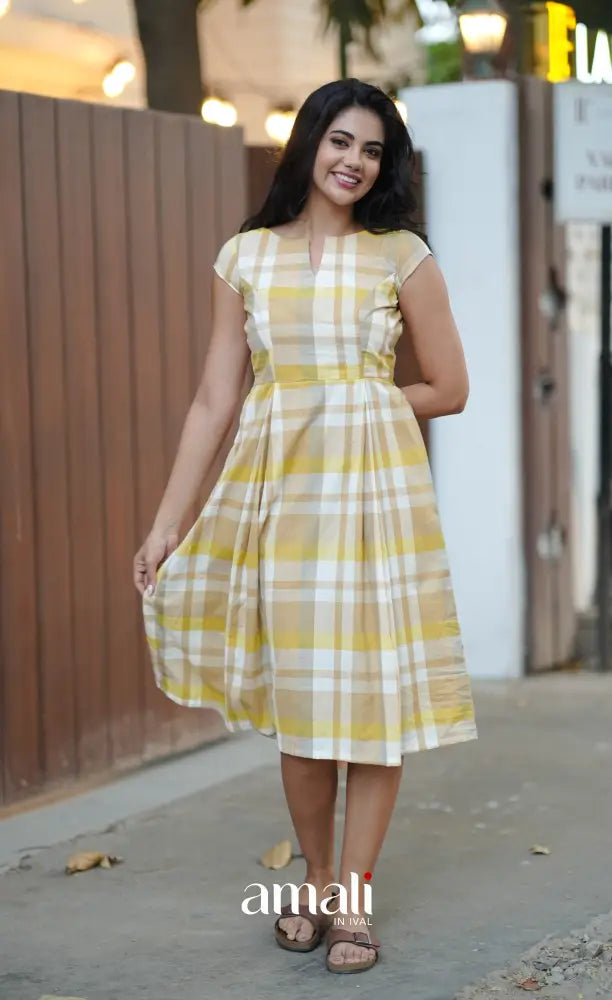 Beige & Yellow Checks Indo Western Dress - salwar