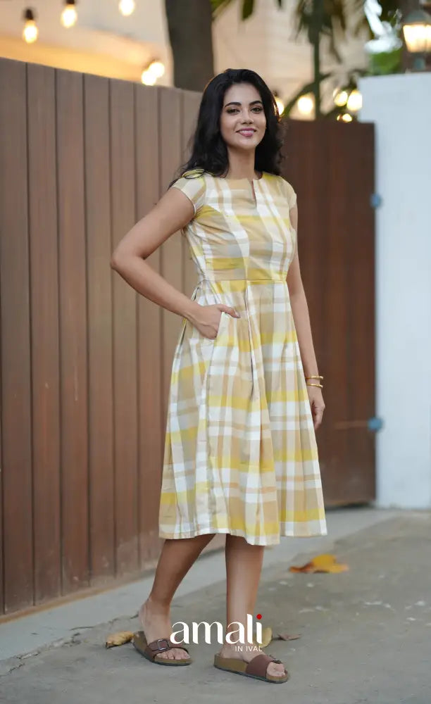 Beige & Yellow Checks Indo Western Dress - salwar