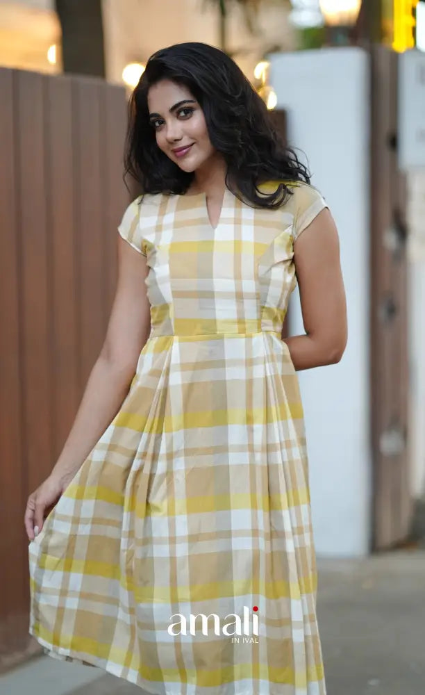 Beige & Yellow Checks Indo Western Dress - salwar