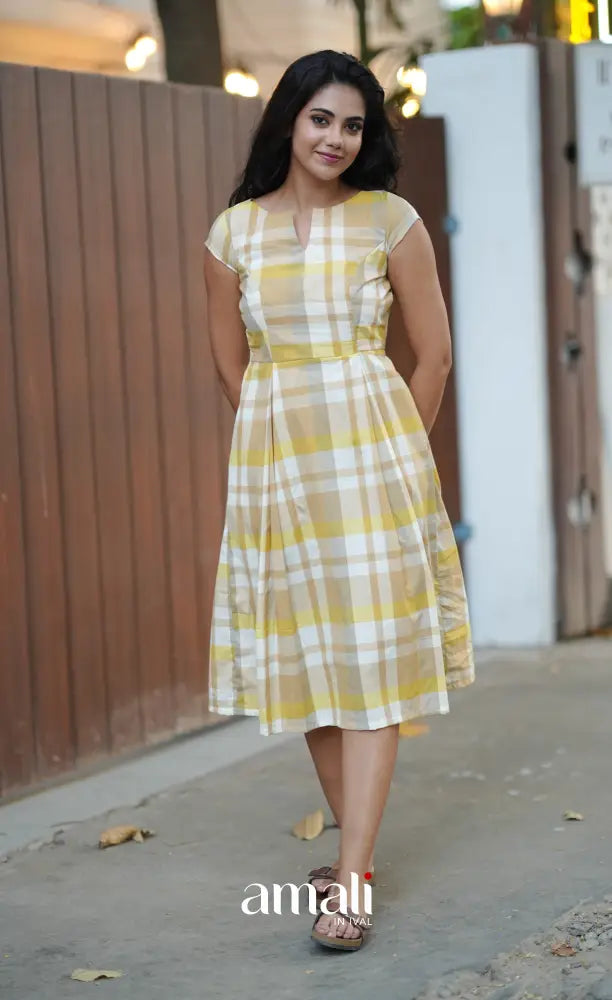 Beige & Yellow Checks Indo Western Dress - salwar