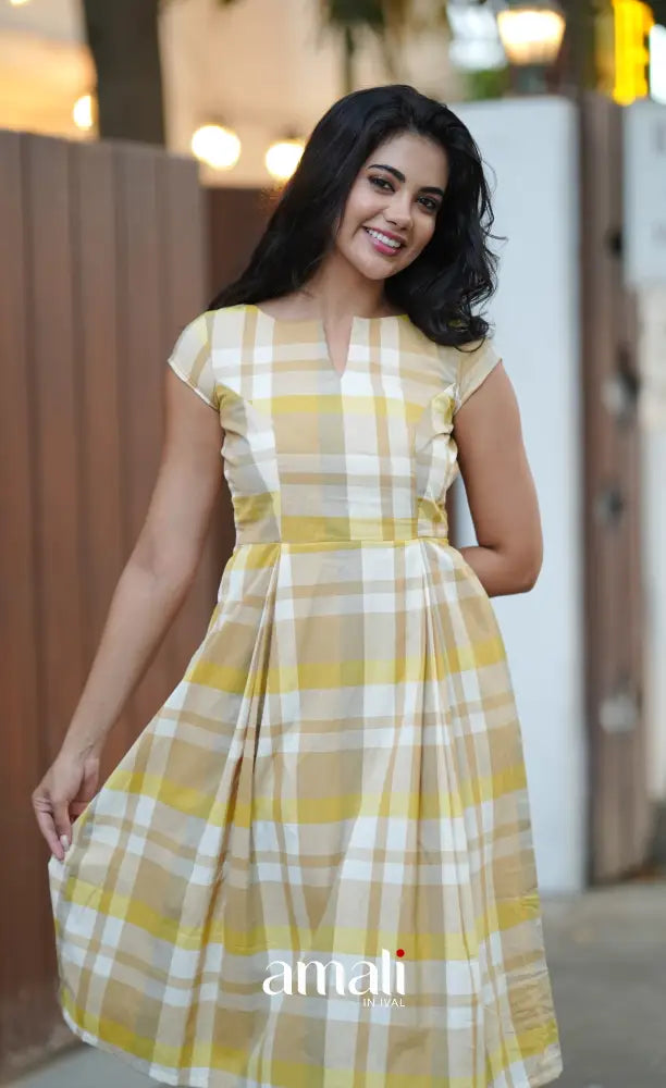 Beige & Yellow Checks Indo Western Dress - salwar