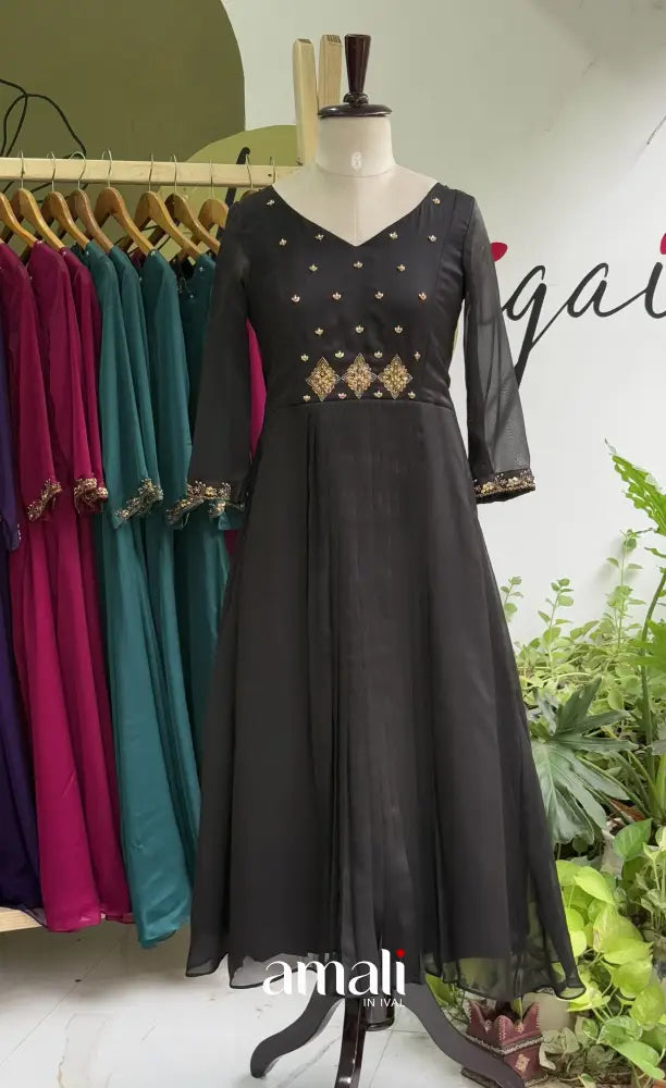 Black Aari Handworked Georgette A-Line Top - salwar