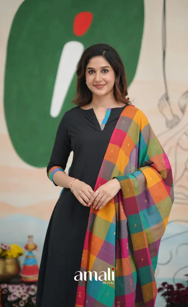 Black and Multi Coloured Checks A-Line Salwar Set salwar