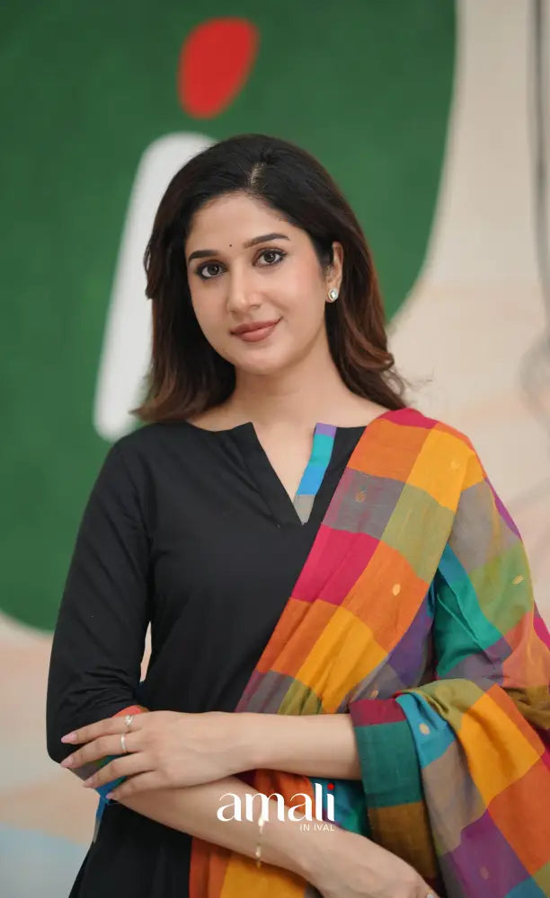 Black and Multi Coloured Checks A-Line Salwar Set salwar