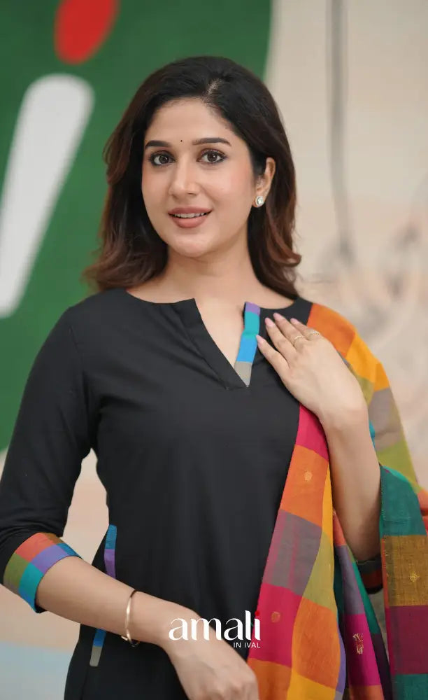 Black and Multi Coloured Checks A-Line Salwar Set salwar