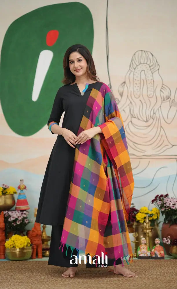 Black and Multi Coloured Checks A-Line Salwar Set salwar