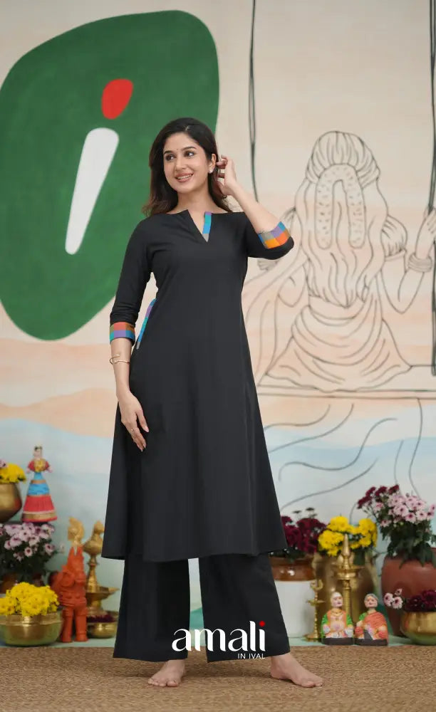 Black and Multi Coloured Checks A-Line Salwar Set salwar