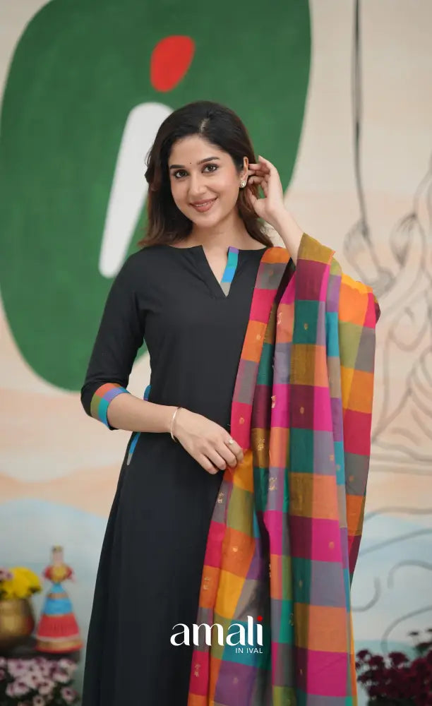 Black and Multi Coloured Checks A-Line Salwar Set salwar
