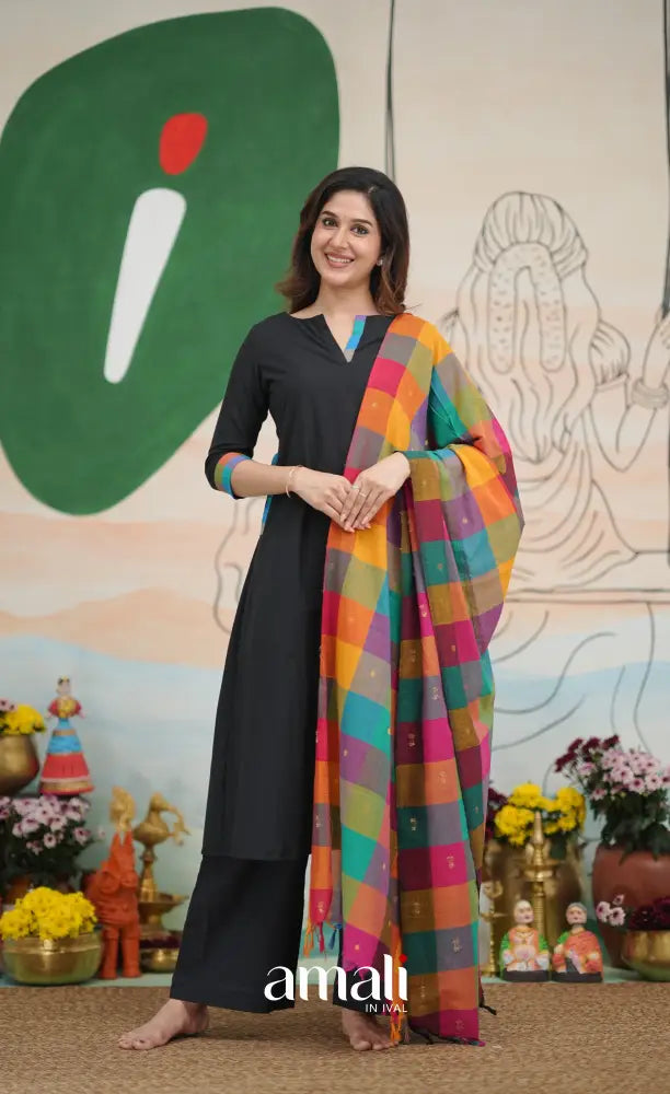 Black and Multi Coloured Checks A-Line Salwar Set salwar