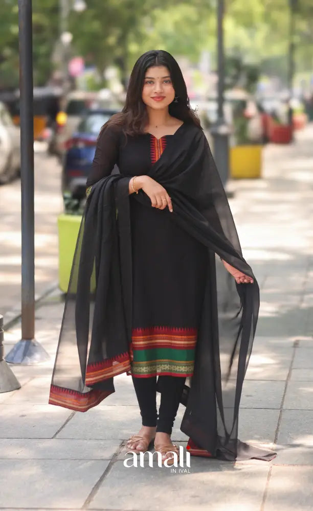 Black and Red Chettinad Cotton Salwar Set - salwar