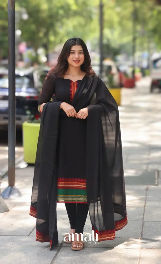 Black and Red Chettinad Cotton Salwar Set - salwar