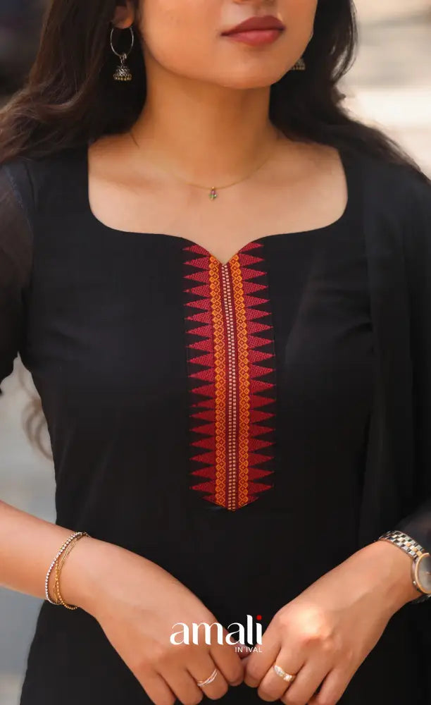 Black and Red Chettinad Cotton Salwar Set - salwar