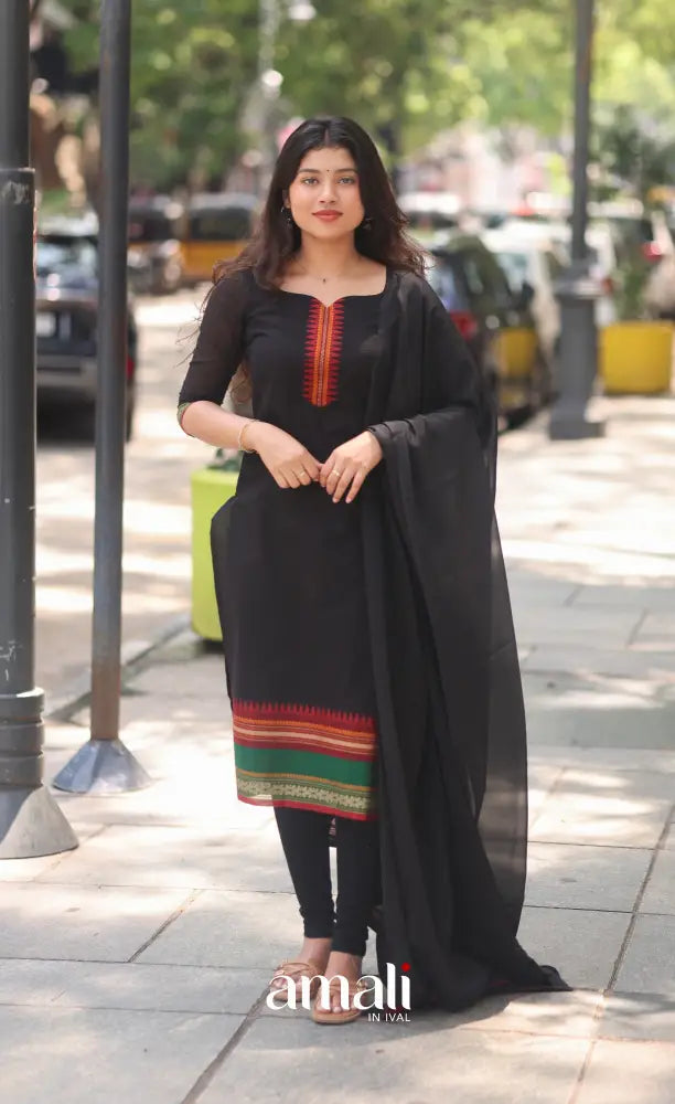 Black and Red Chettinad Cotton Salwar Set - salwar