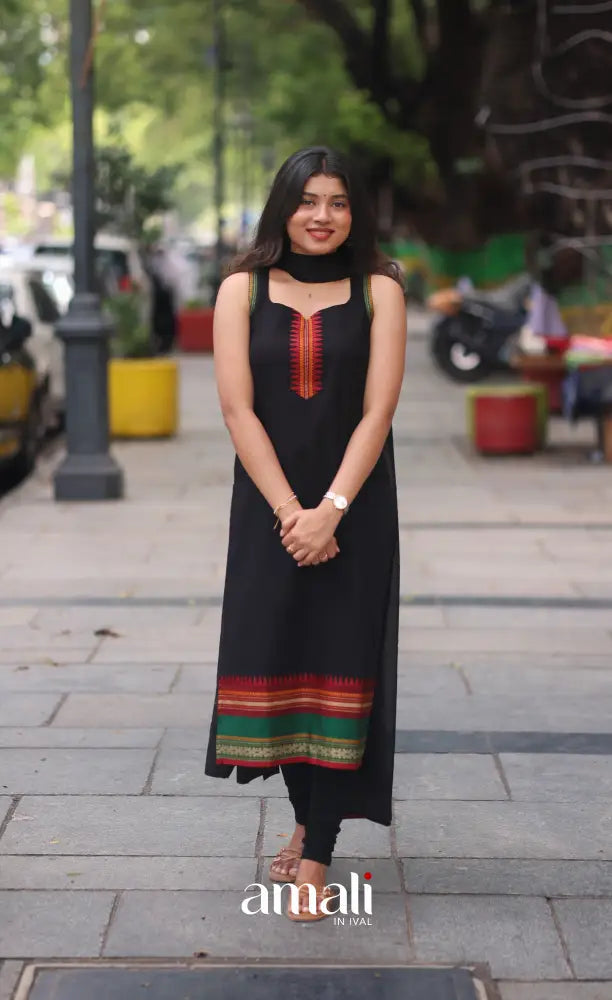 Black and Red Sleeveless Chettinad Cotton Salwar Set - salwar