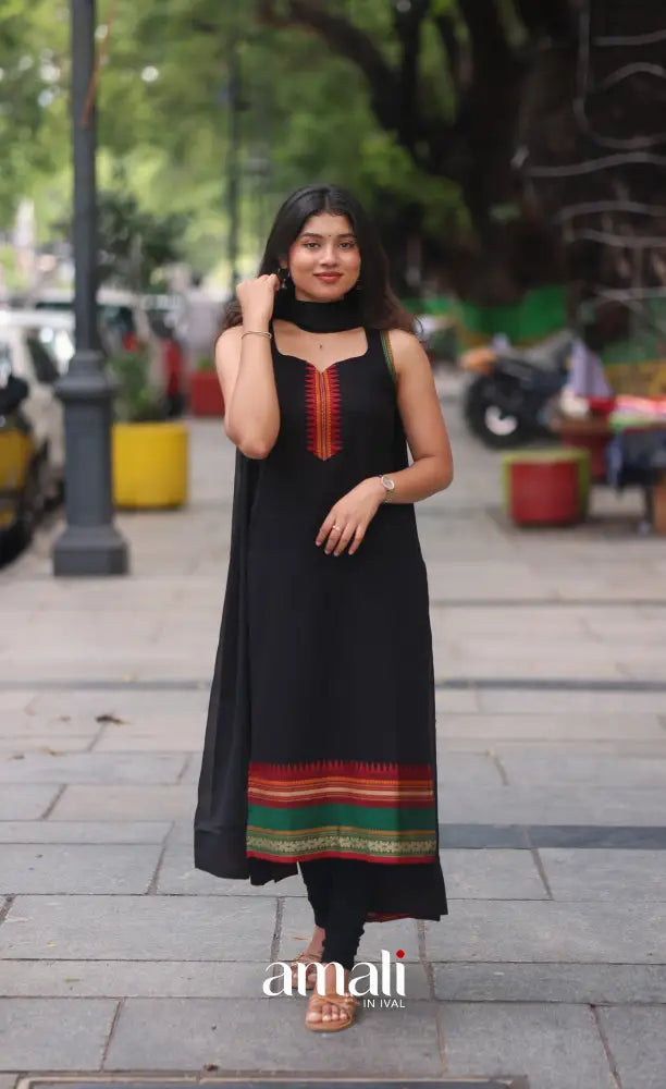 Black and Red Sleeveless Chettinad Cotton Salwar Set - salwar