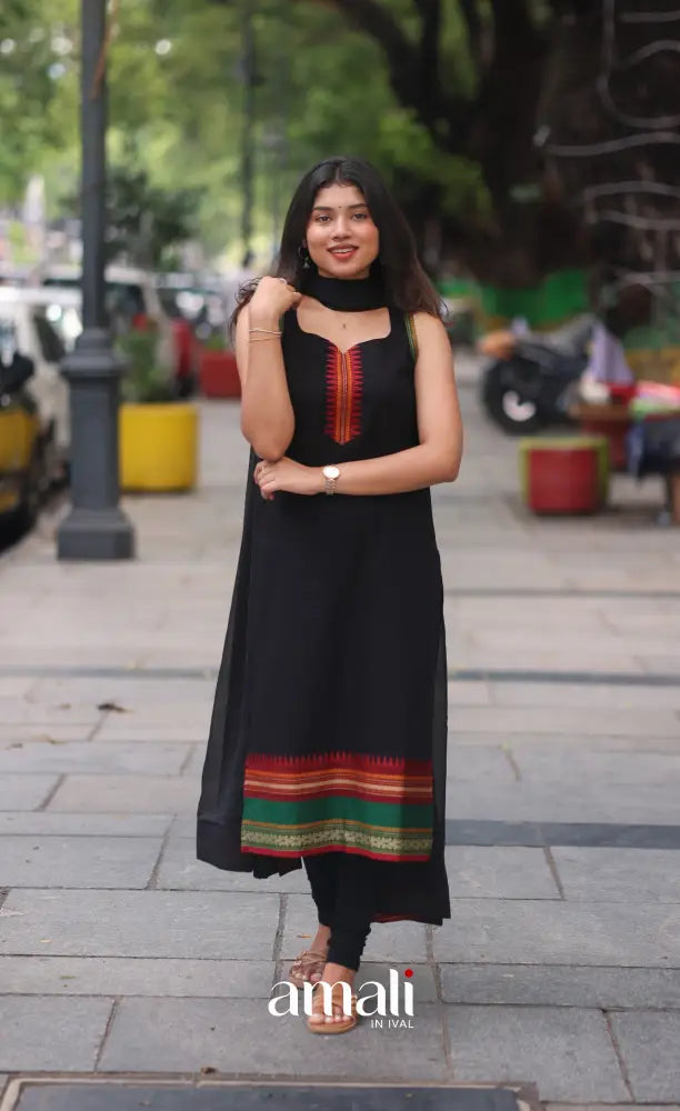 Black and Red Sleeveless Chettinad Cotton Salwar Set - salwar