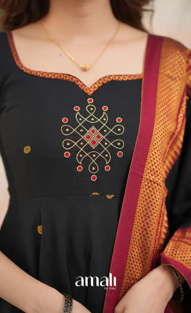 Black and Reddish maroon Narayanpet Cotton Anarkali - Anarkalis