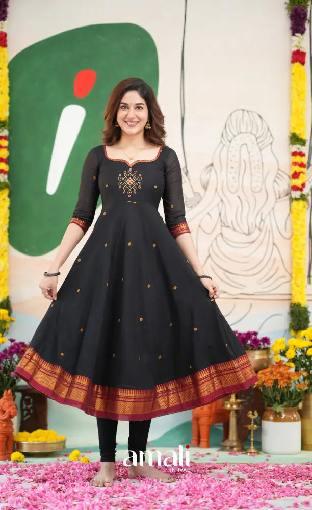 Black and Reddish maroon Narayanpet Cotton Anarkali - Anarkalis