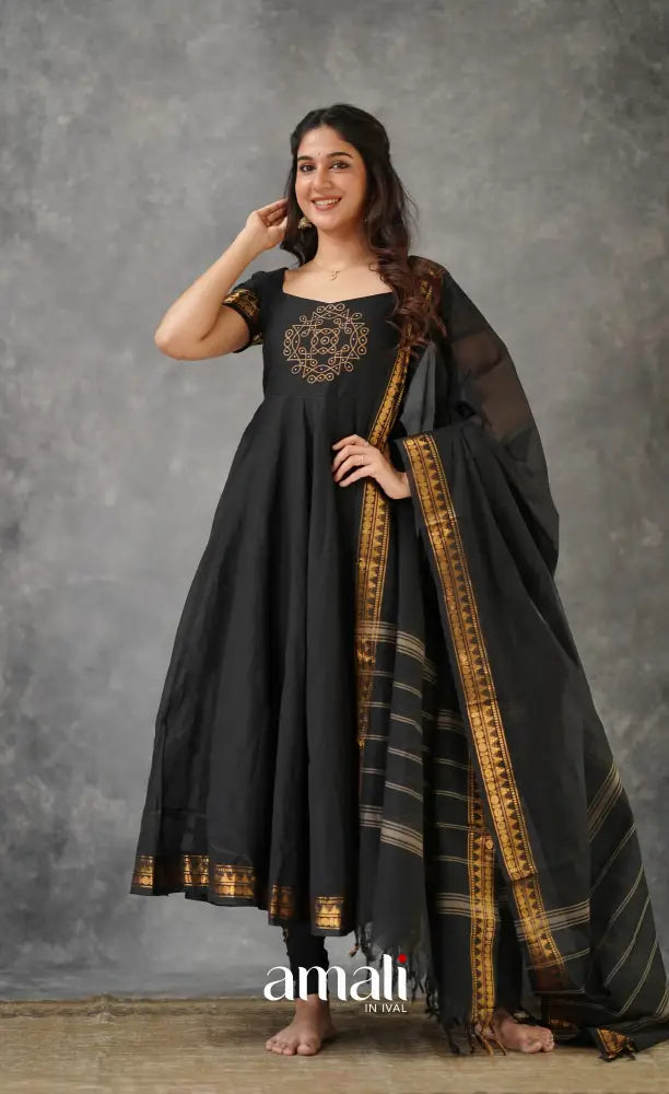 Black Chettinad Cotton Anarkali - Pre Order XL Black Chettinad Cotton Anarkali - Pre Order XL