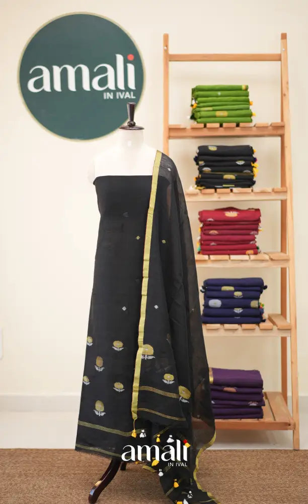 Black Handloom Linen Unstitched Salwar Set - salwar