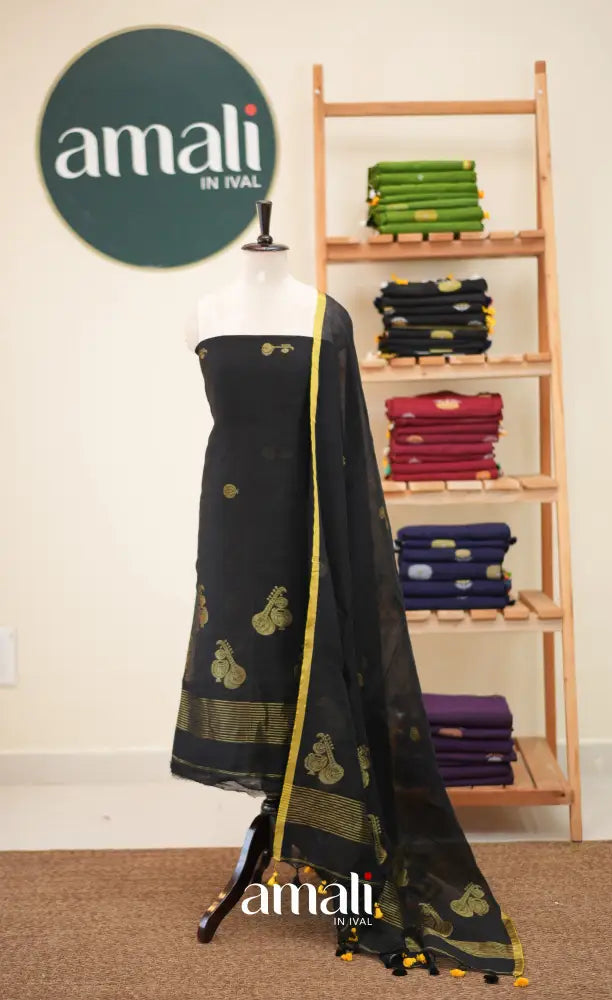 Black Handloom Linen Unstitched Salwar Set - salwar