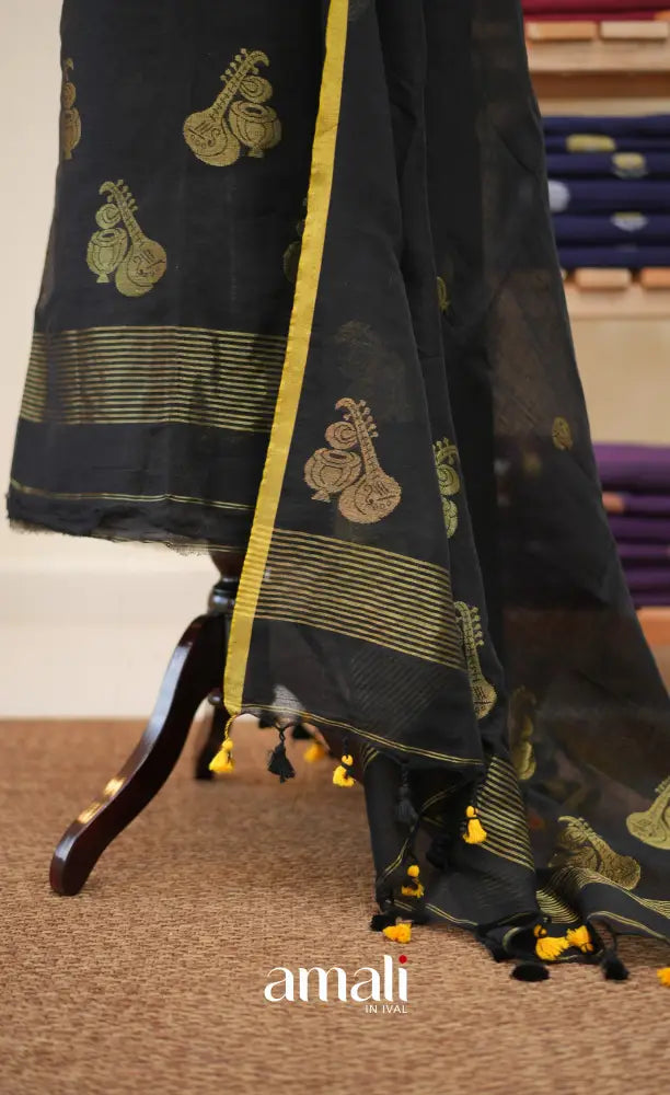 Black Handloom Linen Unstitched Salwar Set - salwar