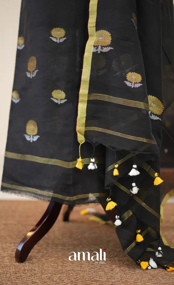 Black Handloom Linen Unstitched Salwar Set - salwar