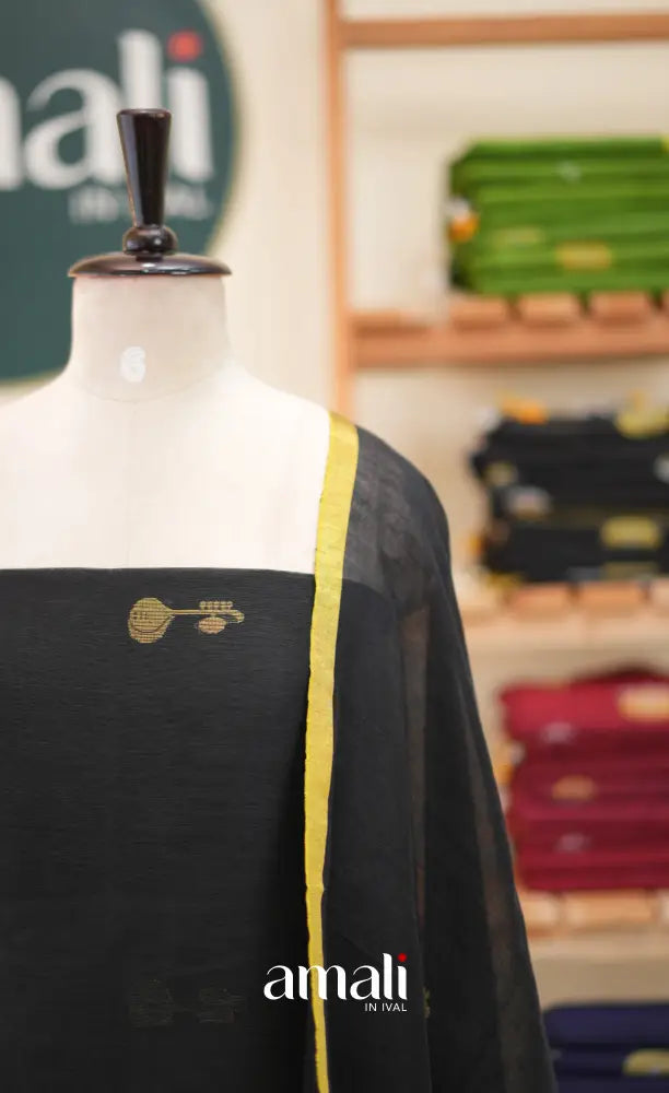 Black Handloom Linen Unstitched Salwar Set - salwar
