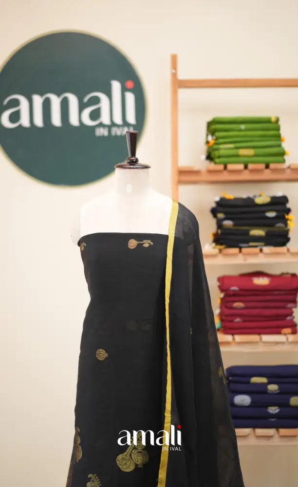 Black Handloom Linen Unstitched Salwar Set - salwar